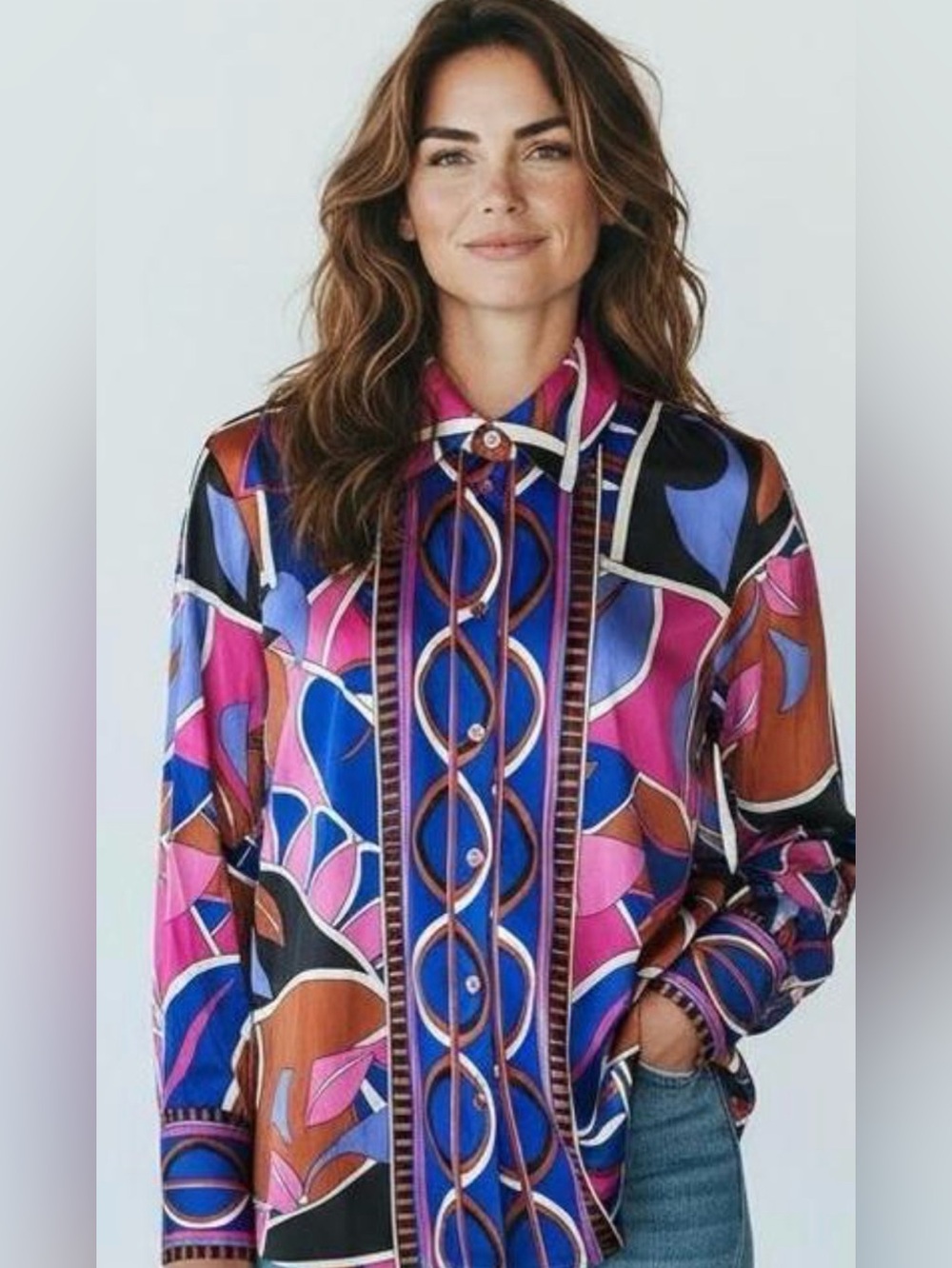 Rachel Zoe Multicolor Geometric Silk Button-Down Shirt - Pink, Blue, Brown